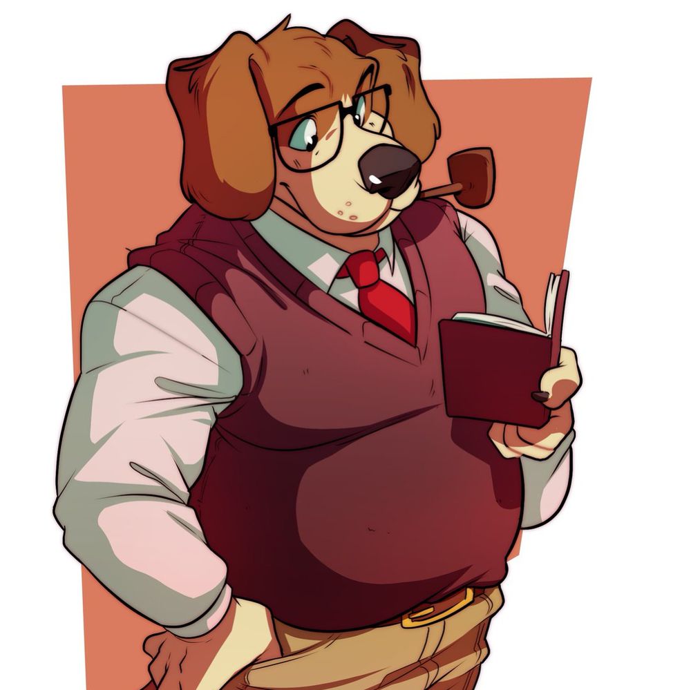 Furry art: An anthropomorphic beagle wearing glasses and dressed in academic attire is reading a book with a pipe in his muzzle.
