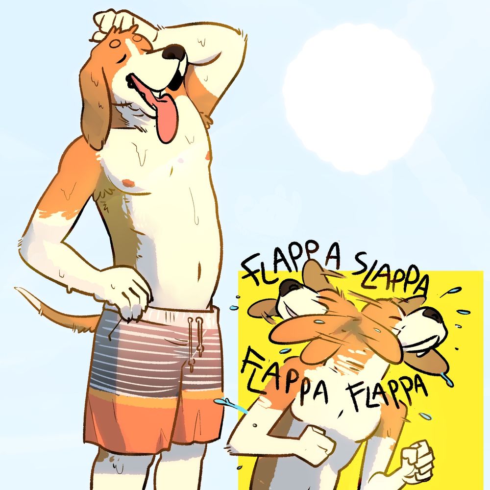 Furry Art: An image of Professor Scritch, an anthropomorphic beagle, wearing swim shorts and dripping wet after emerging from the ocean. An inset shows him vigorously shaking side to side, water flying off in all directions, with the words “FLAPPA SLAPPA FLAPPA FLAPPA” surrounding his head.