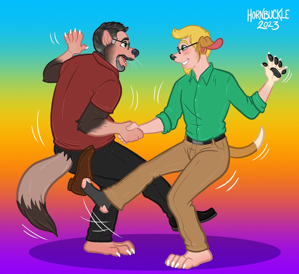 Two men, one with growing features of a ferret, and another with growing features of a beagle, dance together holding hands, smiling and mid-step.