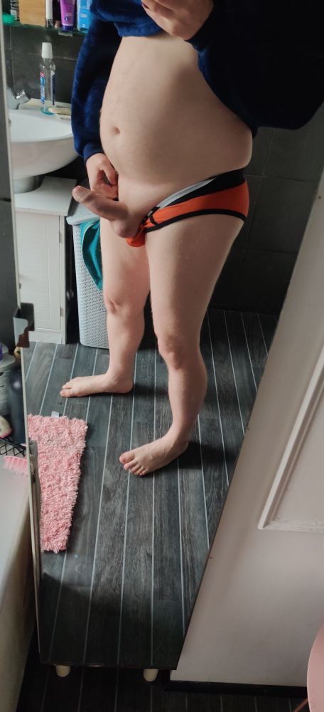 Wearing SinnerWear underwear, my erect cock is now pulled out of them and on clear display