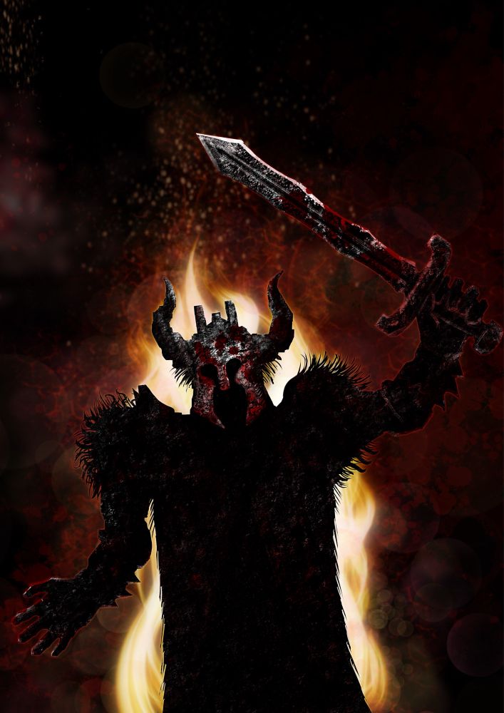 A partial silhouetted figure against a fire background brandishing a bloodied sword and wearing a horned helmet