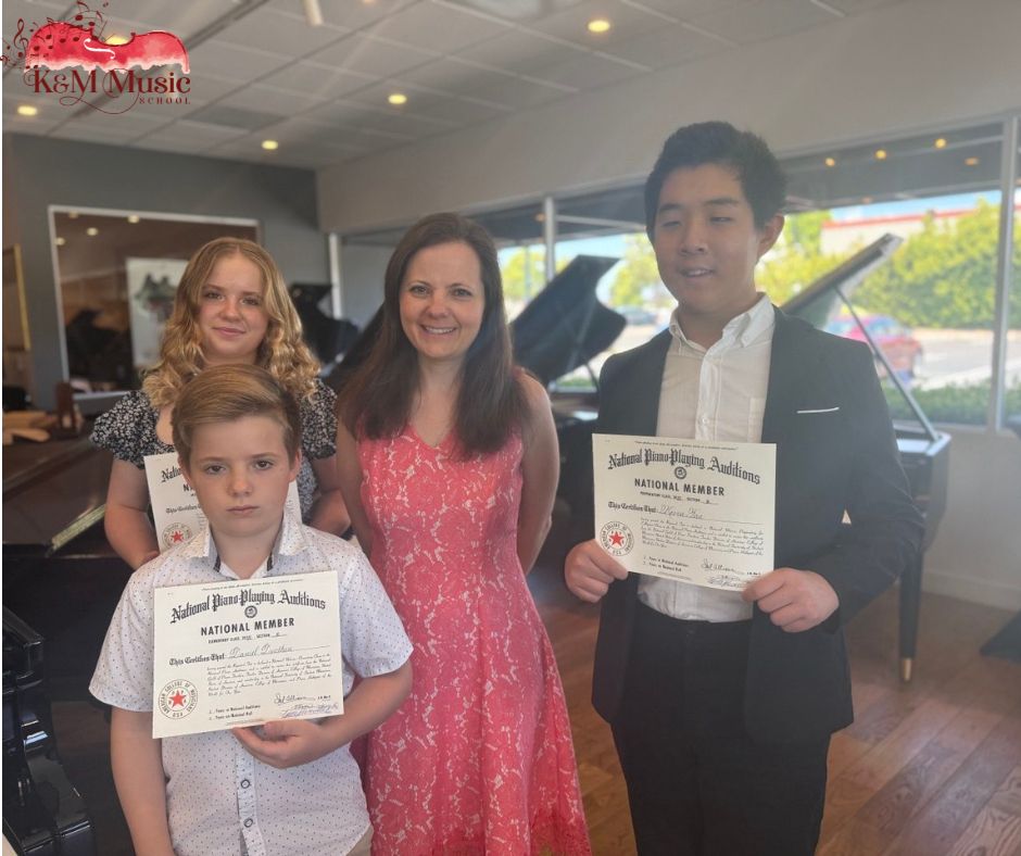 Three proud piano students and their K and M Music School piano teacher Katherine Dvoskin display National Piano Playing Auditions certificates after the exam - music education achievement celebration
