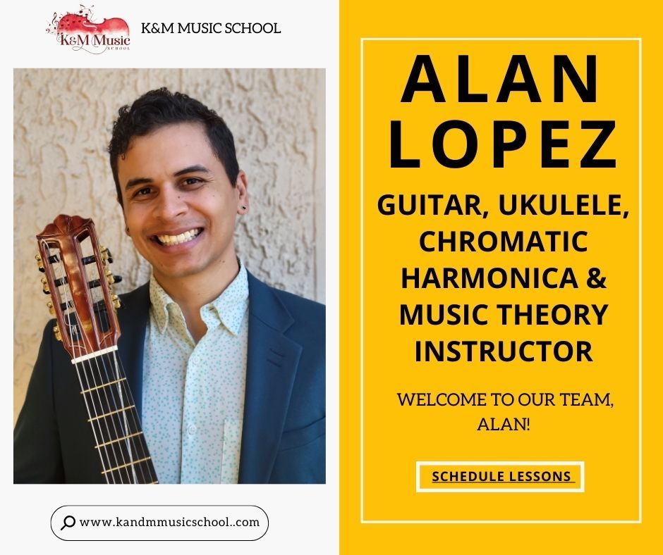 Alan Lopez Guitar, Ukulele, Chromatic Harmonica & Music Theory Instructor at K&M Music School in San Diego, offering personalized lessons for all ages.