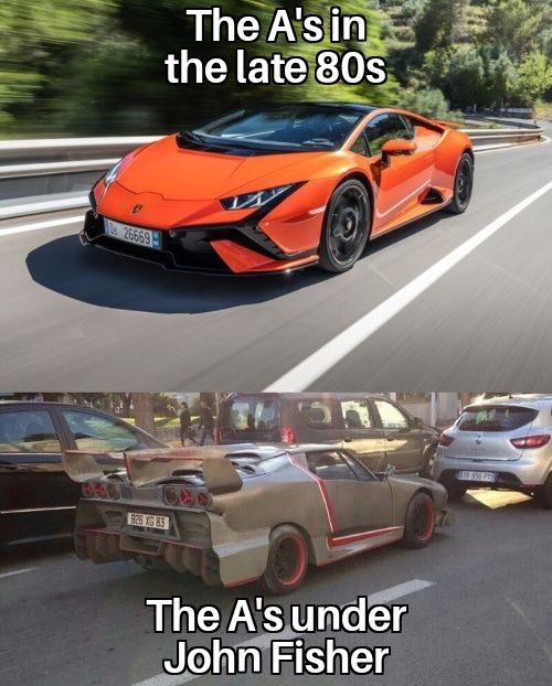 Top image: A new Lamborghini with the text "The A's in the Late 80s". Bottom image: An awkward looking car with a body kit and the text "The A's under John Fisher"