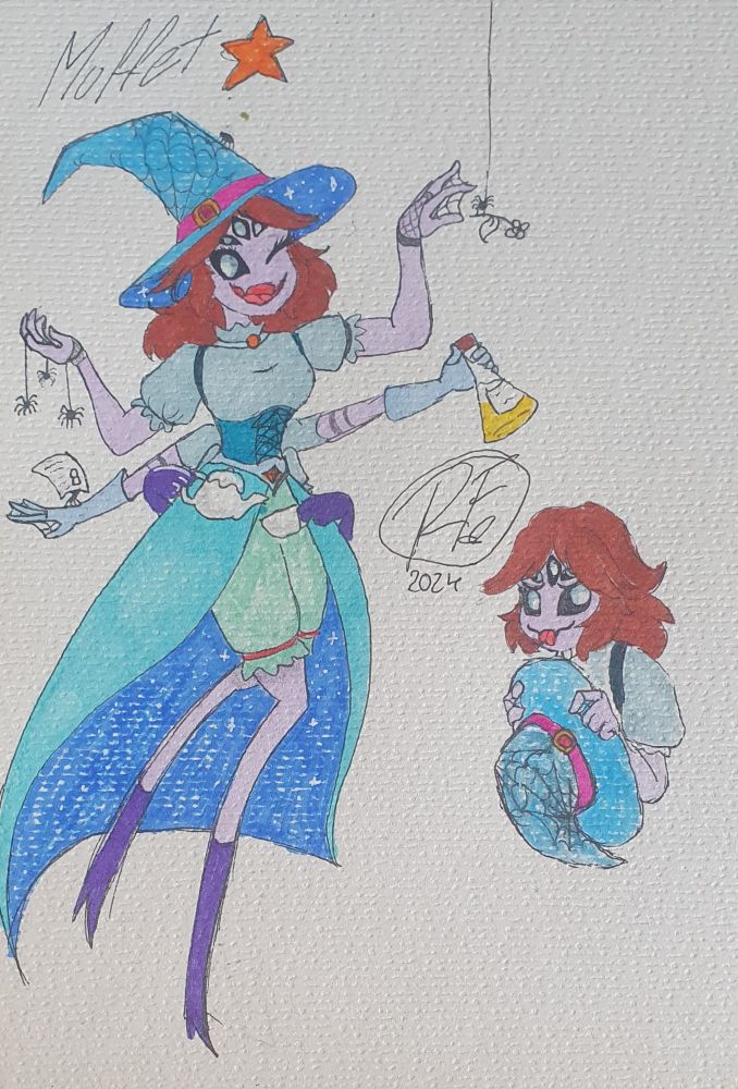 Muffet, a friendly with dressed in blue