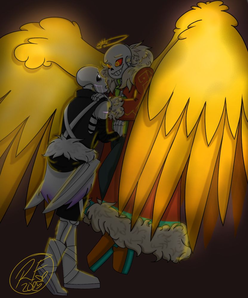Swap Dream (Swad) hovering above the ground in the dark, hiding Crosses shoulder. Cross looks at him with tired, and worried expression, while Swad has soft eyes and smile for Cross. Swads wings, eyes and crown 👑  all glow in the dark.