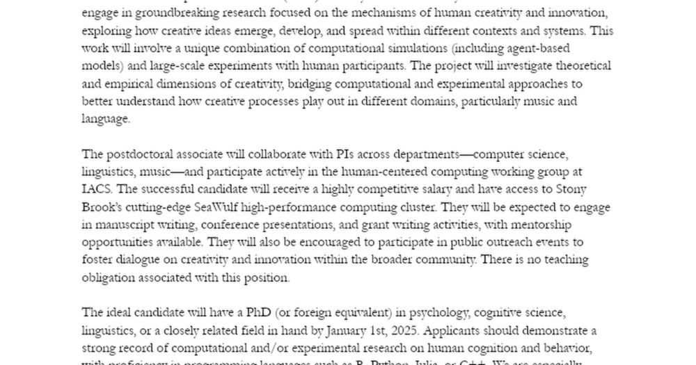 Dynamics of Creativity in Complex Social Networks - Postdoc Listing