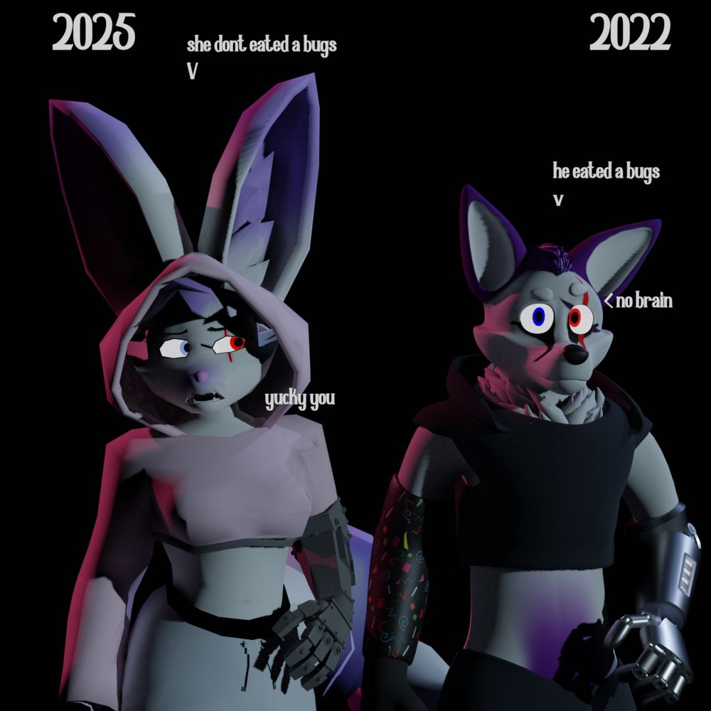 left is the most recent iteration of my oc (which is already slightly outdated, planning to add longer hair, adjusting the face, and more clothing)

right is the oldest original 3D model, a friend was helping me learn furry models at the time so it ended up better compared to how it wouldve been (Thanks Halvy!)