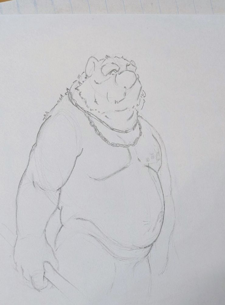 A nude gnoll-type anthro who is very thick front to back and slightly pudgy. He has a chain and woven metal necklace of some kind around his neck, as well as scarring on his left pec down to his lower left abdomen.