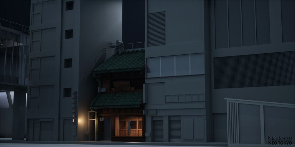 Work in progress of a Neo Tokyo street scene being built using Unreal 5.