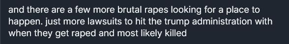 screenshot of a liberal who is excited by dead trans prisoners because it means more lawsuits against trump