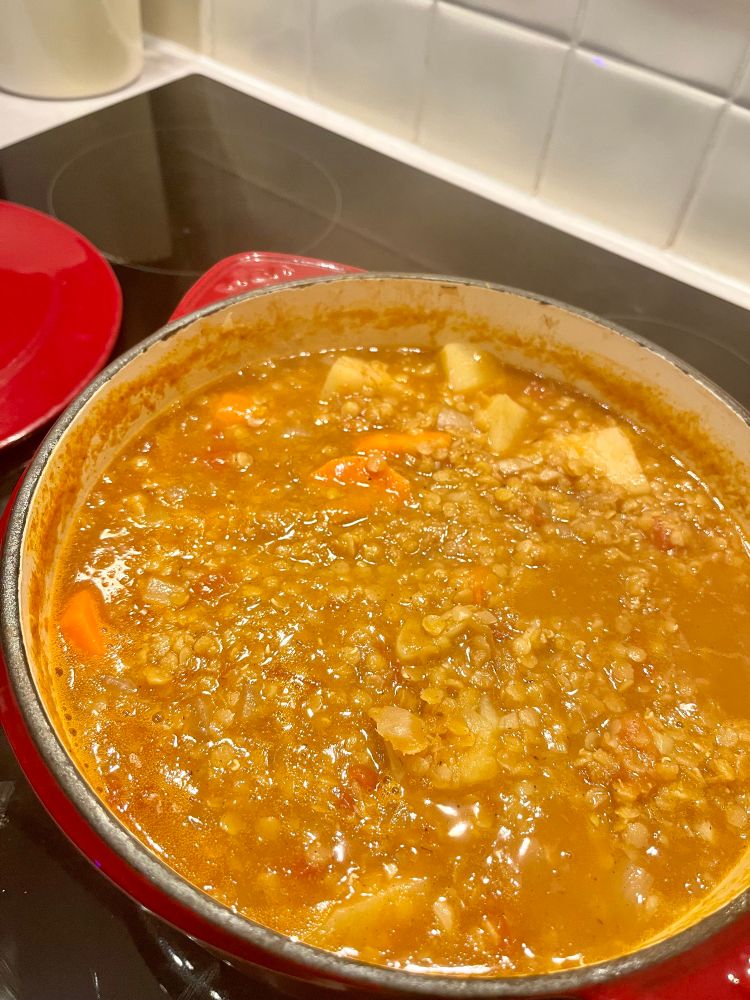 Big pot of hearty lentil, potato and carrot stew. 