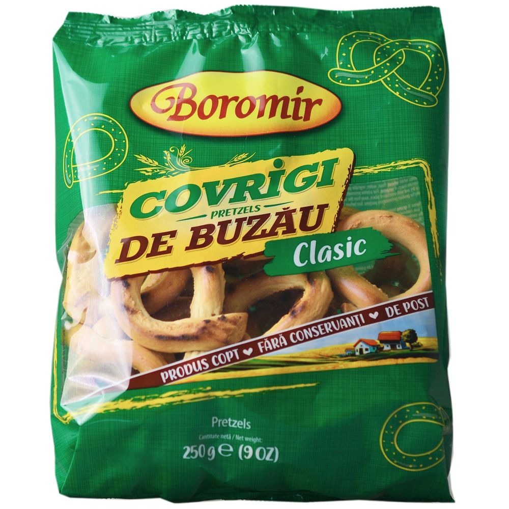 A packet of Buzău hard pretzels, labeled in Romanian "Covrigi de Buzău", made by Boromir.