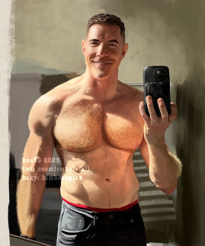 Painting of a muscular redheaded man with a great smile taking a selfie. He’s shirtless and has copious amounts of chest hair