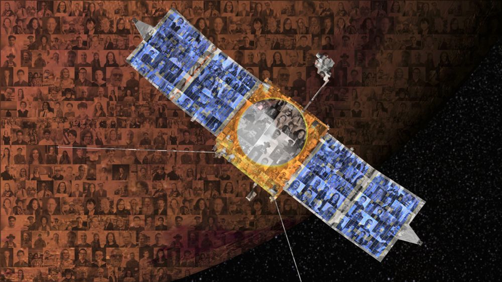 A mosaic image of the MAVEN orbiter above Mars, with the starry sky in the background. Overlaid on both Mars and MAVEN are a mosaic of headshots and some group photos of the team members. 