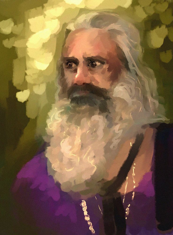 Ed Teach "he likes you" face, he is  stending in the forest and staring intensely, big beard, purple t-shirt, black cravat