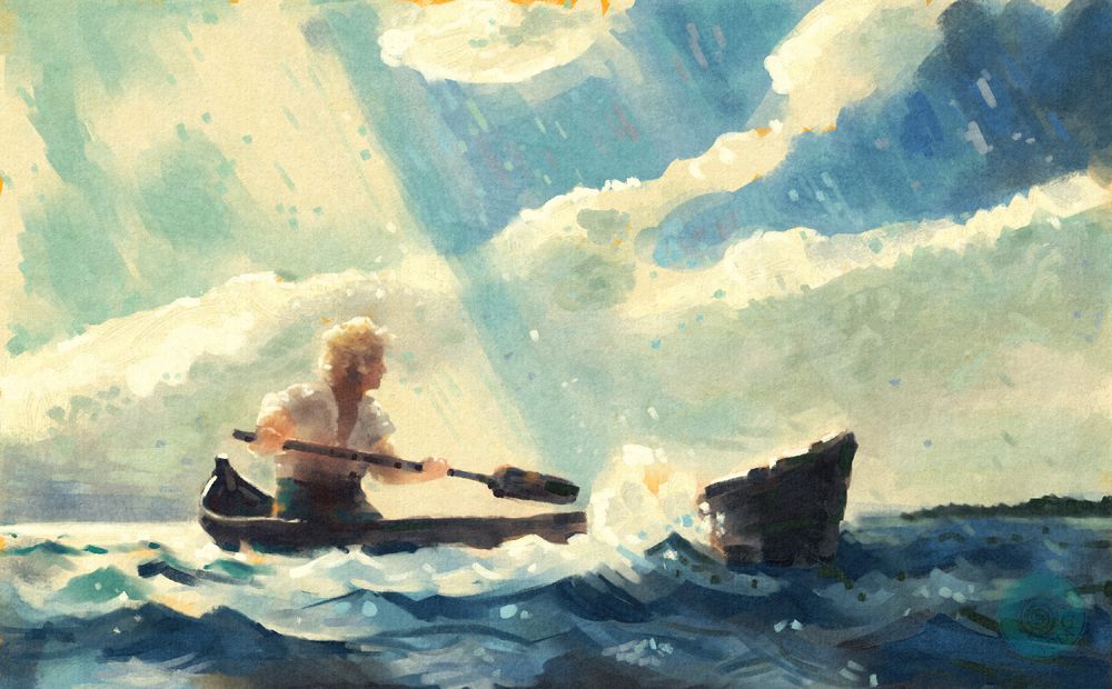 A painting of the person in the dinghy, in the sun, they are holding the ore , looking away to their left,   the sky behind them is bright blue and yellowish there is a tiny dark shore line on horizon, dramatic clouds ⛅️ it is a repaint of a part of nc wyeth ainting made in Krita