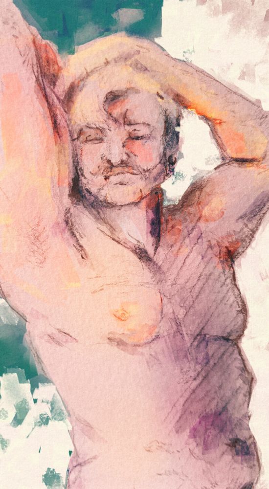 A man with maked torso streaching with his arms up,eyes closed, hair curl on forehead - drawing on paper digitally colored in Krita