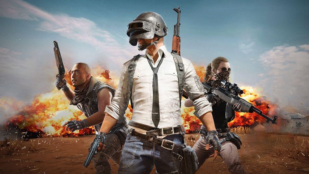 A wallpaper for PlayerUnknown’s Battlegrounds featuring several characters with more grounded equipment, including the trademark man in jeans with a dress shirt and tie sporting multiple gun belts, a helmet with a face-shield, and a backpack with an AKM rifle jutting out of it.
