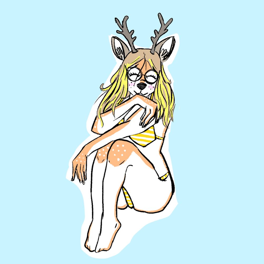 a deer girl with antlers and glasses wearing a yellow striped bikini. she's sitting with one arm resting on her leg and her other arm by her face. she's laughing at someone's joke. she has curly brown hair with yellow highlights.