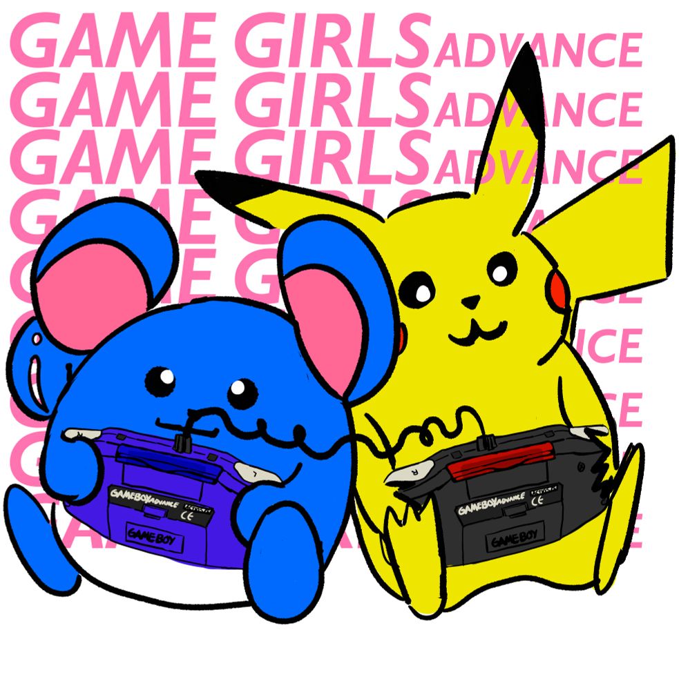 pikablu and pikachu resting on each other playing an indigo and black game boy advance with a link cable between the two. pikachu has a ruby red cartridge and pikablu has a sapphire cartridge. the text "Game Girls Advance" repeats in the background.