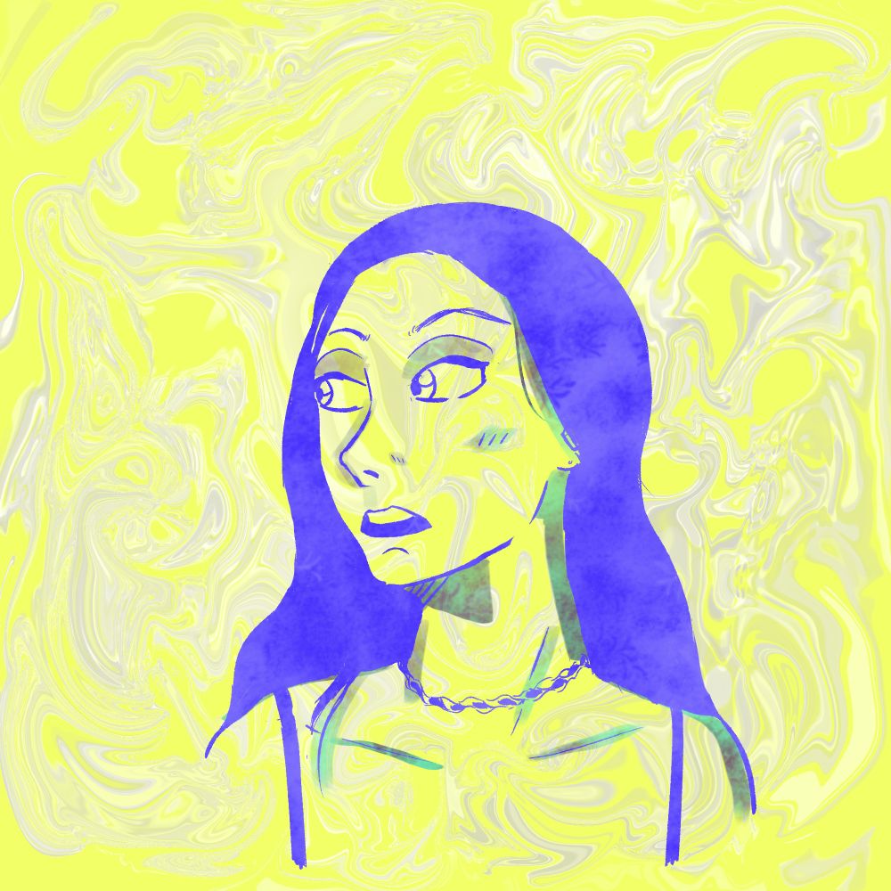 A woman with long, dark hair looking to the side. She is wearing a tank top and jeweled choker necklace. Her outline is blue, her shadows are green, and the background is yellow with metallic swirls.