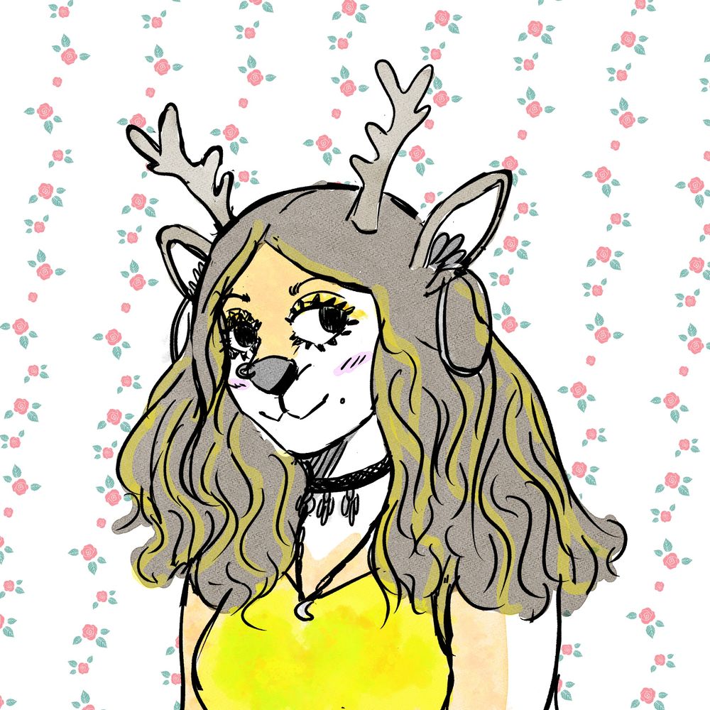 my deersona wearing a yellow tanktop, a jeweled choker, moon necklace, silver hoop earrings, and a nose ring. their body is turned slightly to the right of frame, their eyes look at frame. the background is small pink roses.