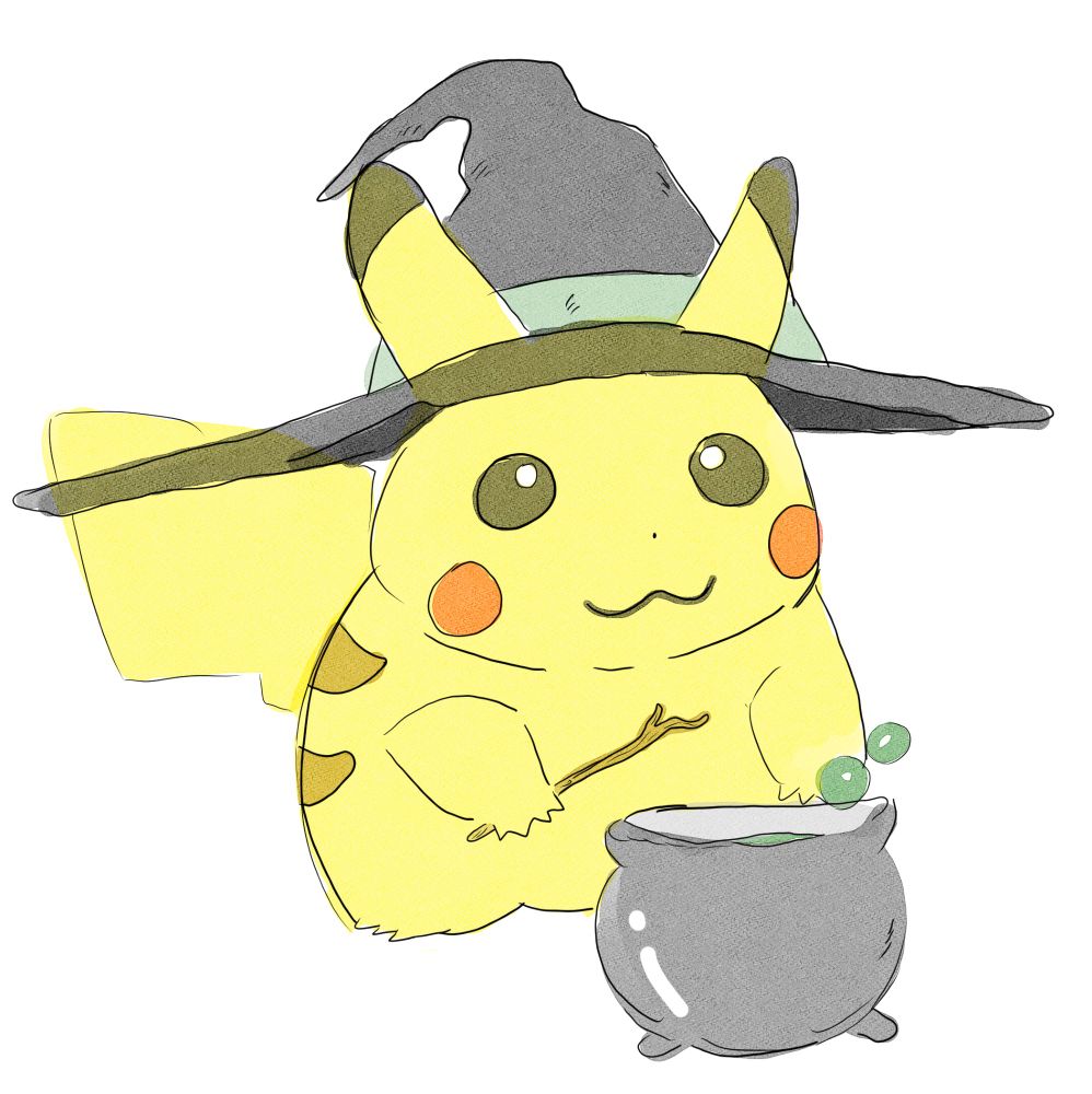 a classic 90's pikachu holding a stick want in front of a small bubbling cauldron with green bubbles. she's wearing a witches hat with a wide brim and a green band. her ears stick out of the hat.