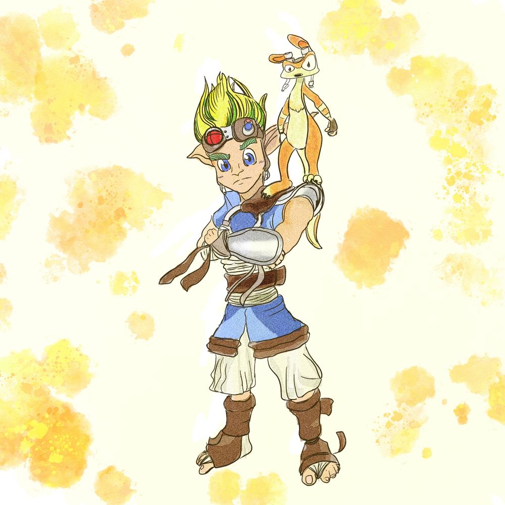 jak and daxter as seen in the promotional material with an orange watercolor splash background. jak is folding his arms while daxter stands on his right shoulder. 