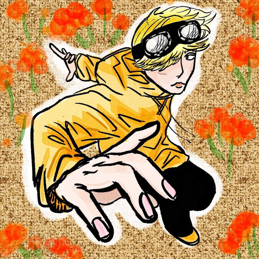 a boy with shaggy short blonde hair and goggles. he wears a bright orange hoody. he is dashing forward. the background is a cork texture with watercolor red and orange flowers. 