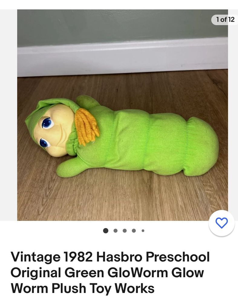 Screenshot of etsy page selling Vintage 1982 Hasbro Preschool Original Green GloWorm Plush Toy, which I 100% had as small child in Texas.