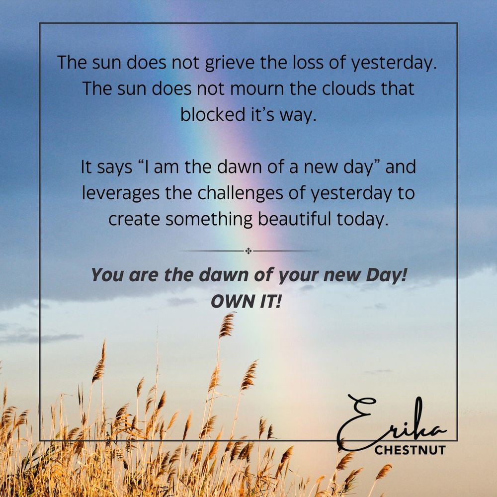 The sun does not grieve the loss of yesterday. 
The sun does not mourn the clouds that blocked it’s way.

It says “I am the dawn of a new day” and leverages the challenges of yesterday to create something beautiful today.

You are the dawn of your new day. Own it!

- Erika Chestnut
