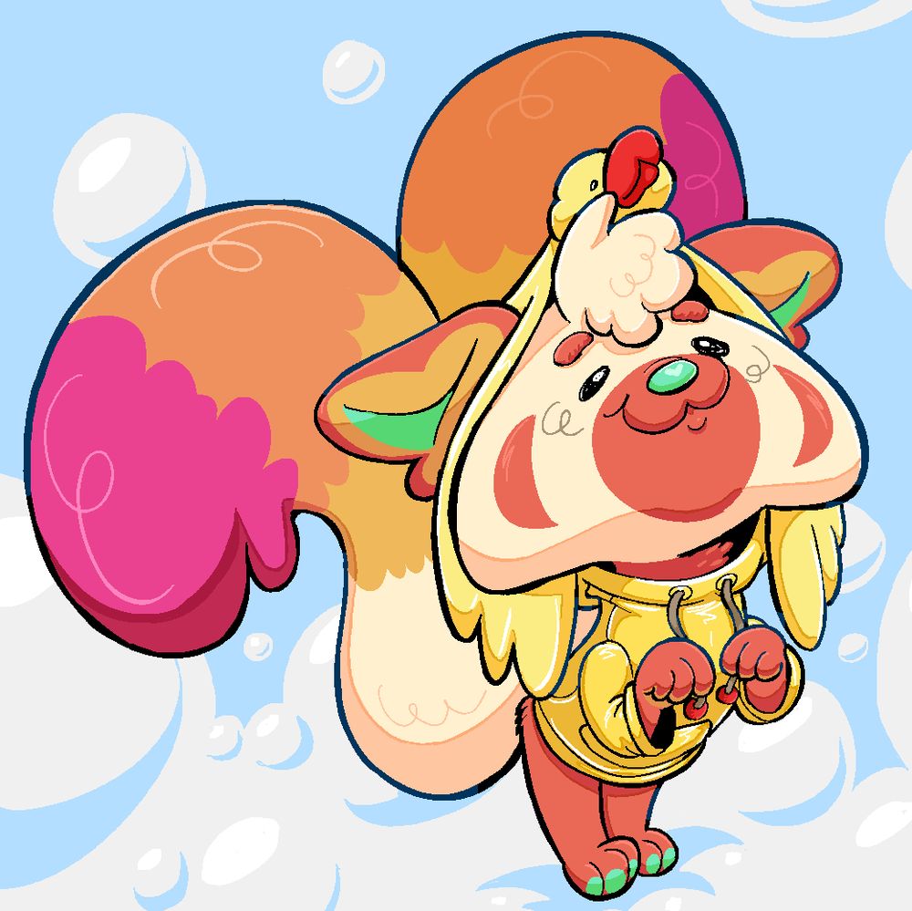 A little red panda boy with two tails. He has orange, pink, and cream fur and wears a yellow raincoat with a ducky on the hood