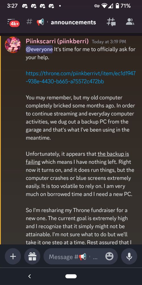 A screenshot of part 1 of the Piinkberri Discord announcement, explaining the situation in more detail.