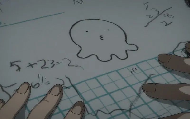 A screenshot from the anime Takopi's original sin. It depicts a zoom in on a notepad, with two hands sitting on different sides of the paper. Between them lies sloppy math equations and and a graph, but among those is a simple doodle of an octopus with a dopey face. 