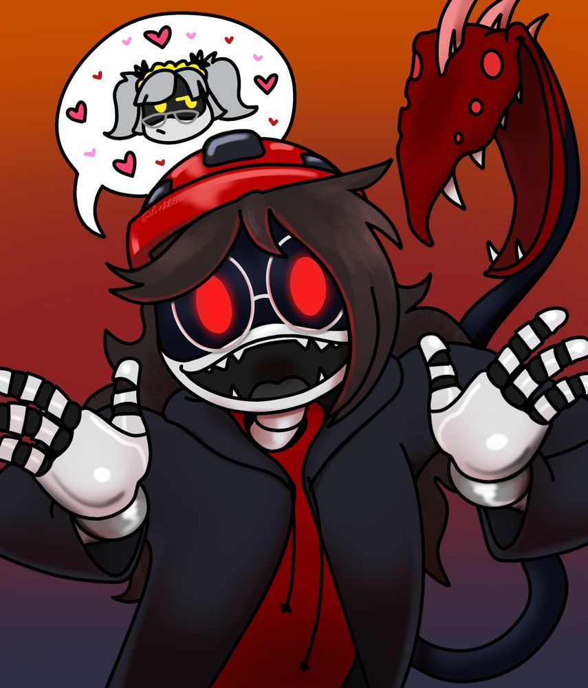 A murder drone OC with long black hair, a red worker's hat and a black jacket is smiling excitedly at the camera, gesturing as a chat bubble extends from her mouth depicting the canon character J surrounded by hearts. This character also has a Solver tail smiling excitedly behind her, Her eye lights are red and she wears big round white glasses
