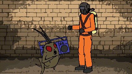 a cartoon of a man in a gas mask standing next to a bug holding a radio