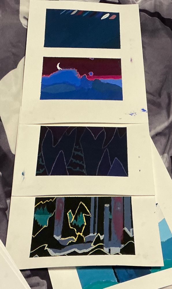 A picture of the next three paintings put next to each other, on a bed (just putting this here so that it’s clear I painted them).