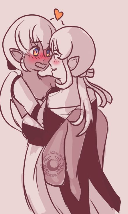 Rozan Florethorn lifting his partner Vivian Nokoribi up, while getting undressed.
Vivian is blushing heavily, having her arms and legs around him. Rozan is blushing slightly with a smile.