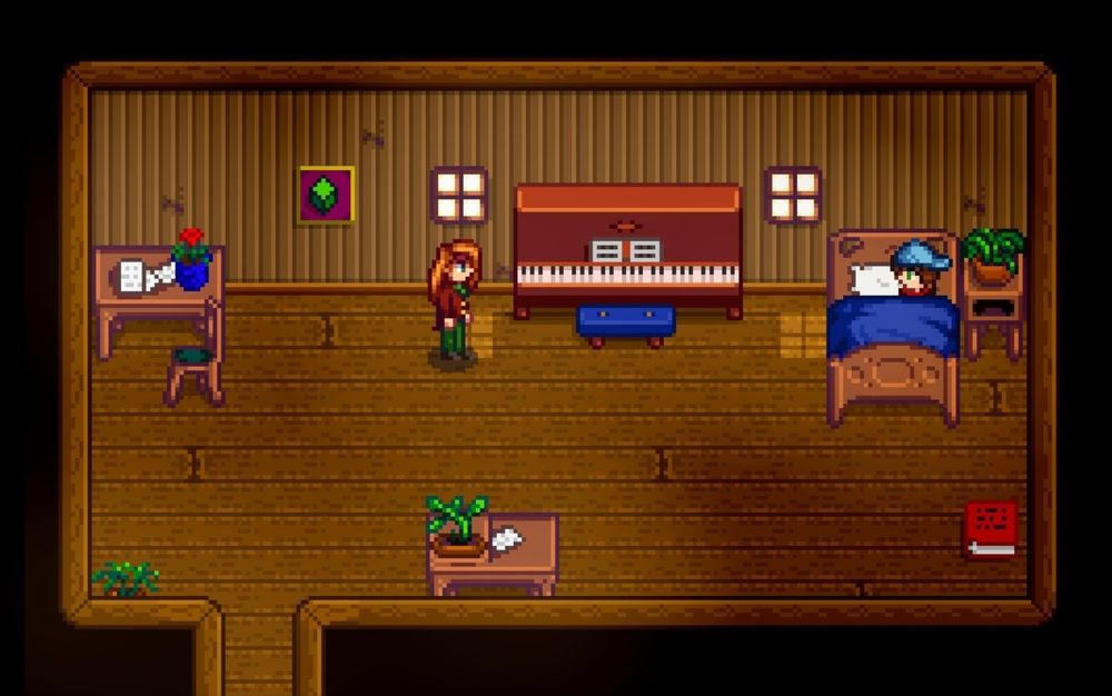 screenshot from the video game Stardew Valley, where i'm in Elliott's bed and he and i are staring at each other across the room, and i'm still wearing a hat