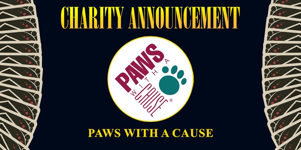 A simple graphic displaying the Charity Announcement for Divination & Devastation: An Arcane Tarot Deck. The logo of the charity, Paws With A Cause is in the centre of the graphic, with the name of the charity outlined beneath it. On the left and right sides of the graphic, a deck of black and burnt orange cards is splayed out in a recurring pattern.