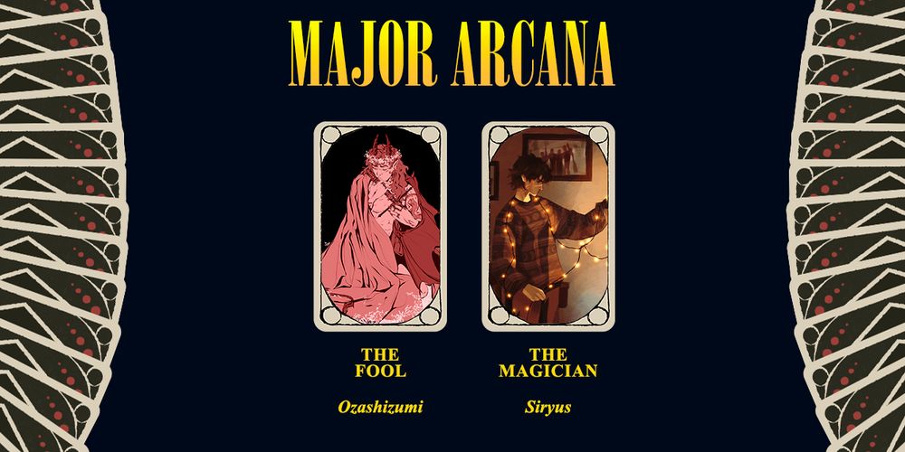 A graphic featuring artists from the Major Arcana, with a deck on cards on the sides. The Fool card will be illustrated by Ozashizumi and The Magician card will be illustrated by Siryus.