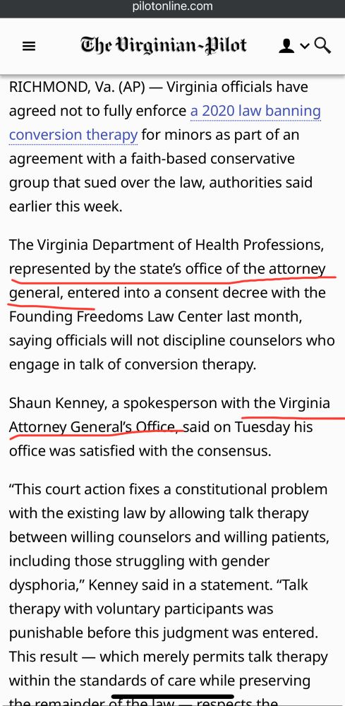 Virginia Pilot newspaper story reports that the Virginia AG office threw LGBTQ Virginians under the bus by allowing advocacy of conversion therapy by Virginia health professionals 