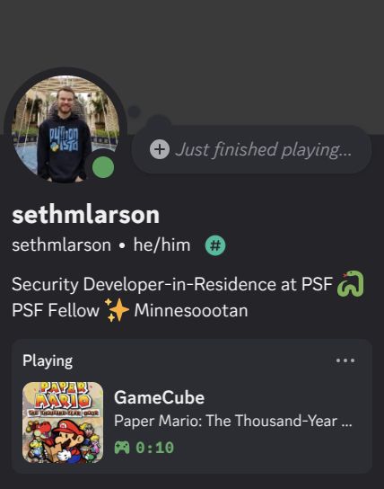 Discord Rich Status showing Seth playing the game "Paper Mario and the Thousand Year Door" on his physical GameCube console.