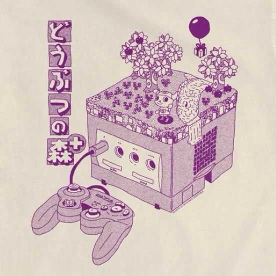 A hard drawn aesthetic of a Nintendo GameCube with an Animal Crossing forest and character on top. The logo for "Animal Forest e+" is shown beside the diorama