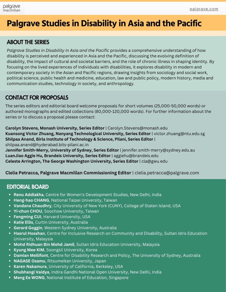 A green and yellow flyer calling for book proposals in the new book series 'Palgrave Studies in Disability in Asia and the Pacific' 
