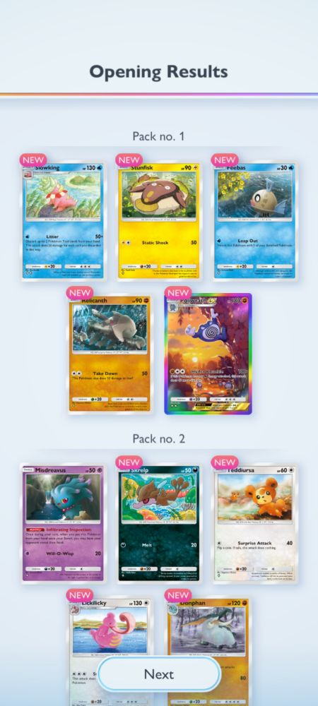 Showing pulls from a 10 pack pull of Pokemon TCG Pocket. Notable is a Holographic Poliwraith EX