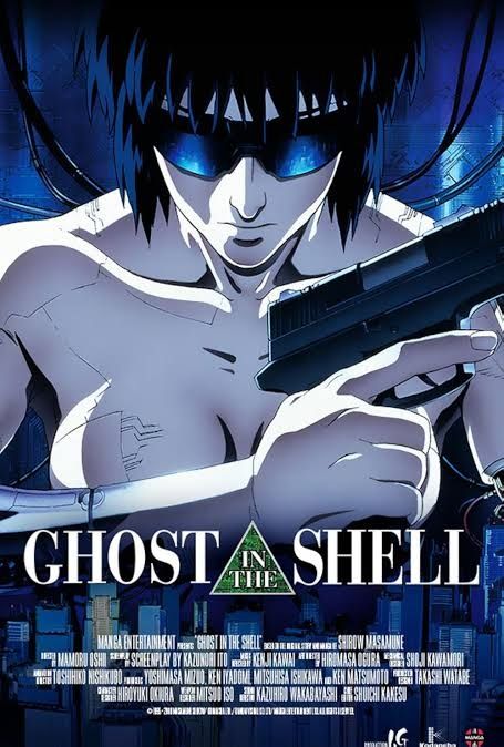 An animated person wears sunglasses and holds a gun. It's the American theatrical poster to 1995 anime Ghost in the Shell!