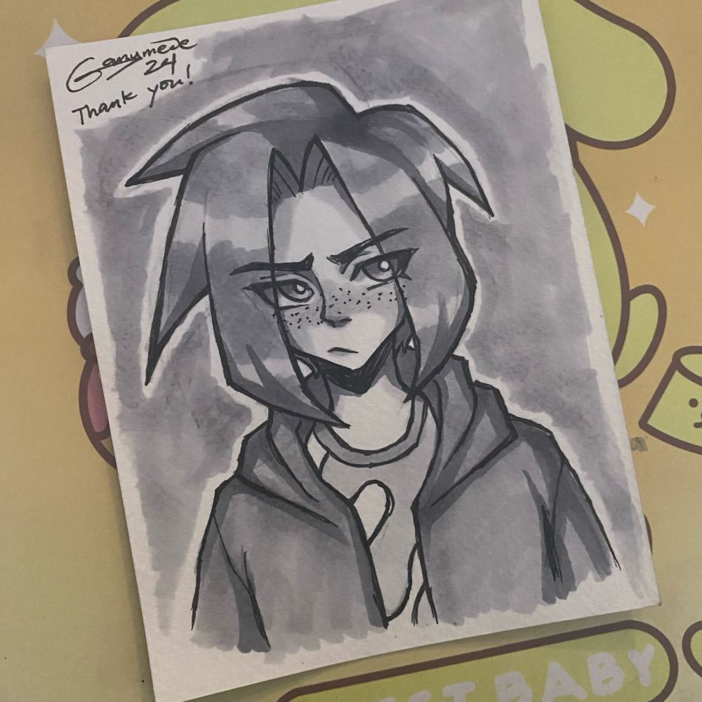 Client’s OC bust shot, drawn by Ganymede. Front facing, slightly looking down, with a scowl on their face. 