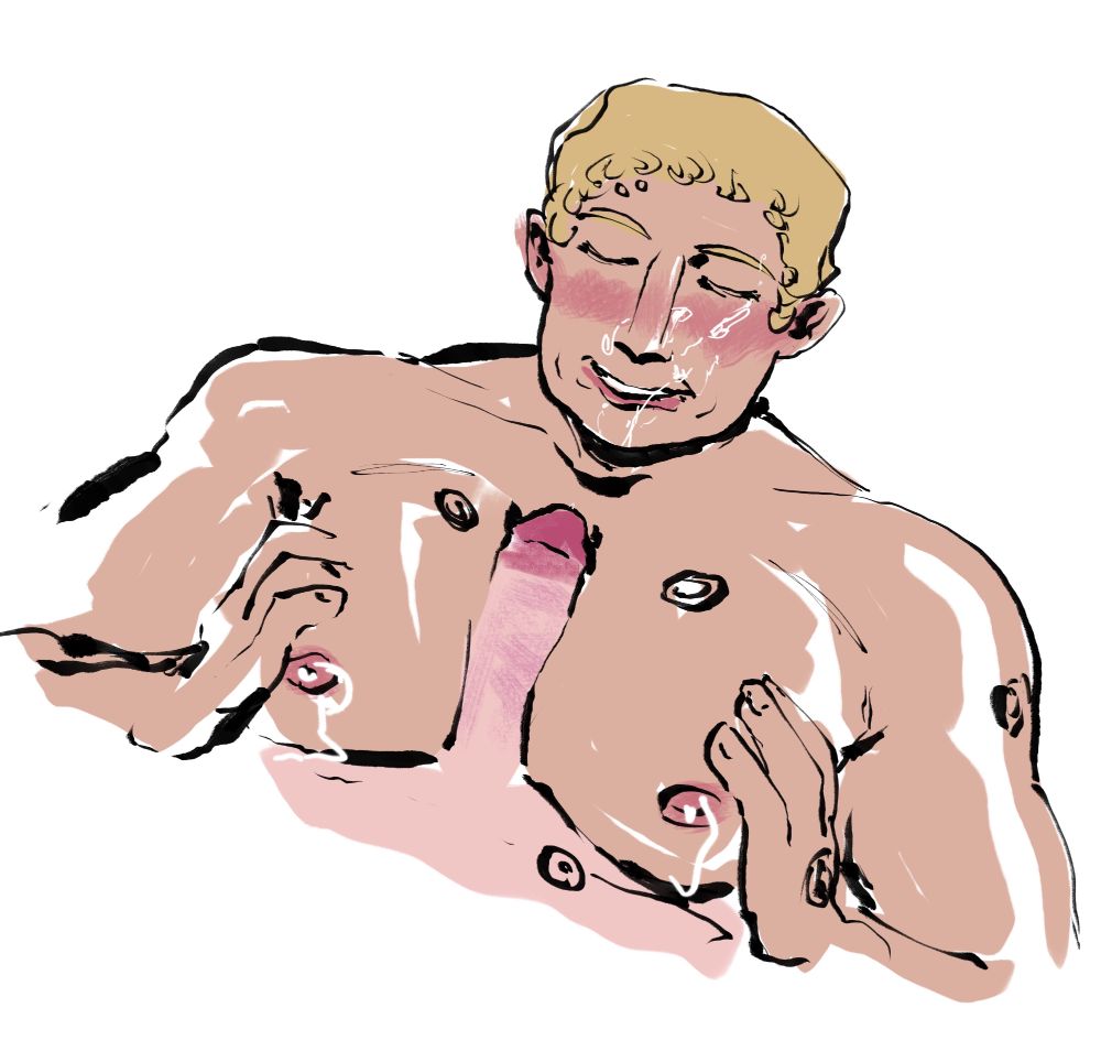 rough drawing of Hyades, a blond ultramarine, giving a titjob with his enhanced milky pecs. He's squeezing them together. Only Mimi's cock is visible and take the lenght of Hyades sternum. Hyades is smiling, his face covered in cum.